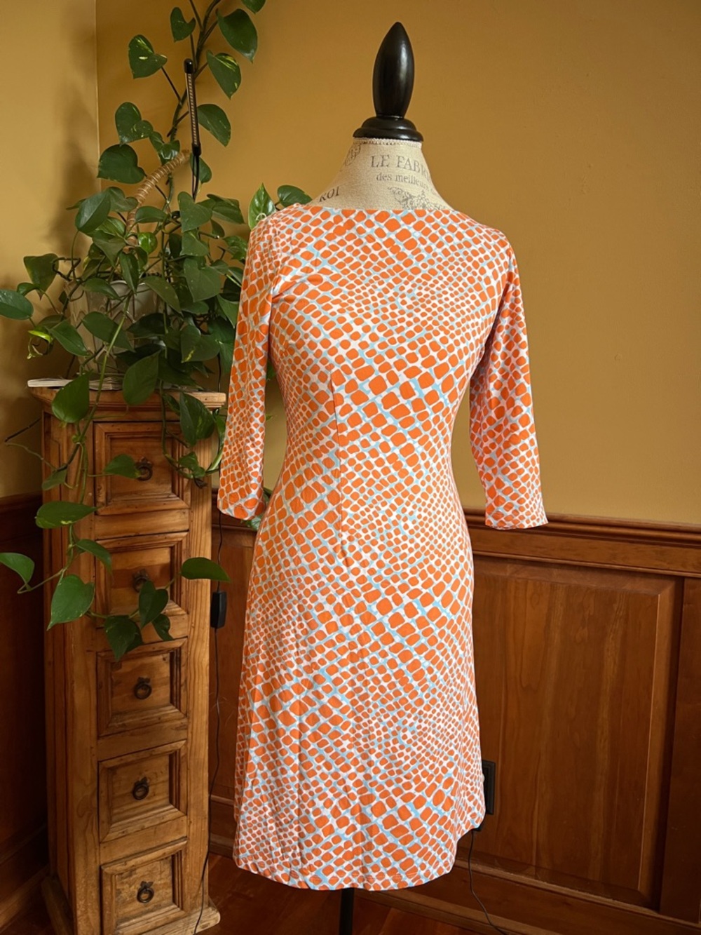J. McLaughlin Dress Women’s XS Orange White Blue 3/4 Sleeve Catalina Made in USA
